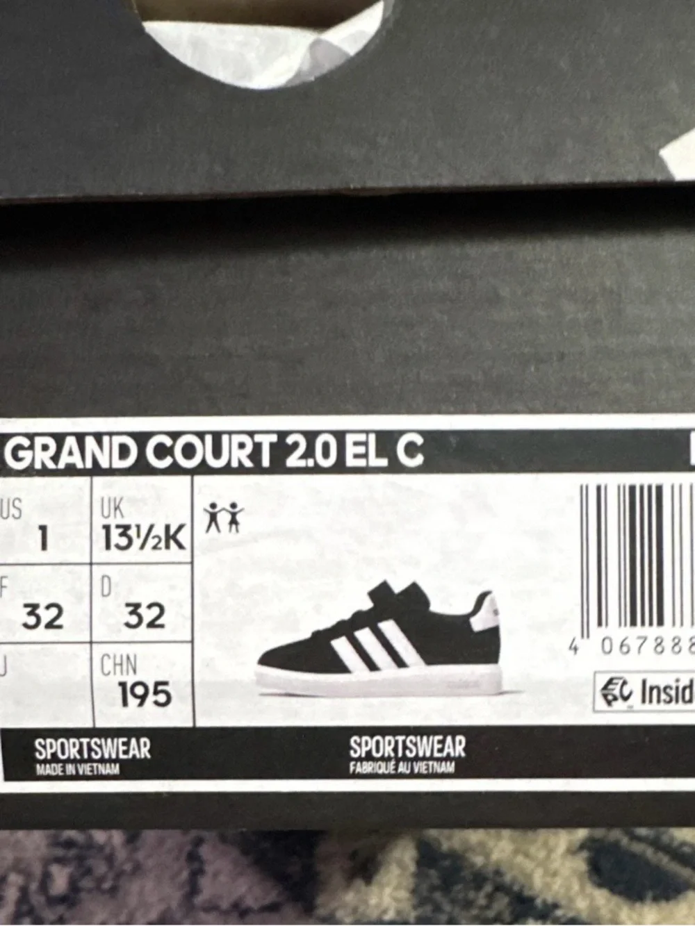 adidas Grand Court 2.0 EL C Kids Shoes Black White Size US 1